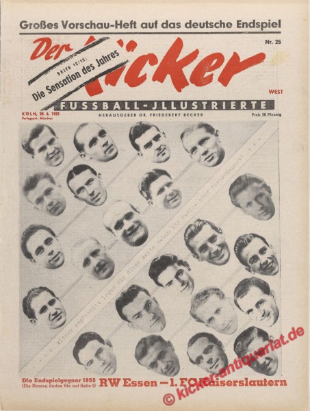 ROT WEISS ESSEN 1955, Original Kicker Zeitung vom 20. bis 26. Juni 1955 – Perfektes Geschenk zum Geburtstag für Fußballfans & Sammler