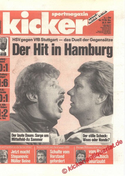 Kicker Schlagzeile: HSV gegen VfB Stuttgart - das Duell der Gegensätze. Der Hit in Hamburg. Kicker Titelbild: Christoph Dam (VfB Stuttgart) und Gerd-Volker Schock (Hamburger SV)