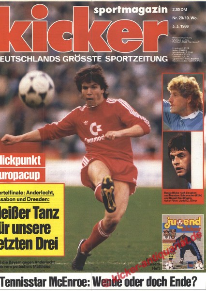 Kicker Sportmagazin Nr. 20, 3.3.1986 bis 9.3.1986