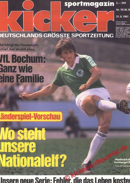 Kicker Sportmagazin Nr. 70, 31.8.1981 bis 6.9.1981
