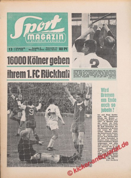 Werder Bremen 1965 jubelt über den Sieg: Im Spiel gegen den VfB Stuttgart (1:0) bricht der „Beton“ der Stuttgarter nach 51 Minuten. Eine symbolische Szene: Sawitzki liegt am Boden zerstört, während die Bremer jubeln. Auf dem Bild sind zu sehen: Lorenz, Si