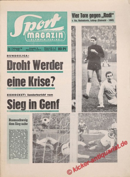 Original alte Zeitung Kicker - das Sportmagazin vom 11.1.1965, Bundesliga 1965: Auf dem Bild sind Bornard, Piontek und Kraftczyk (Torschütze zum 1:0) zu sehen.