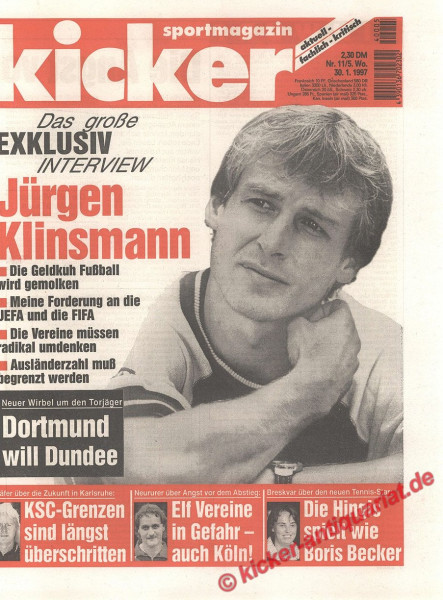 Original Kicker Sportmagazin Zeitung 1997 Nr. 11 vom 30. Januar bis 5. Februar mit Jürgen Klinsmann im großen Exklusiv-Interview