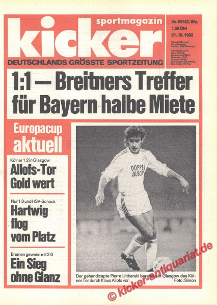 Kicker Sportmagazin Nr. 85, 21.10.1982 bis 27.10.1982