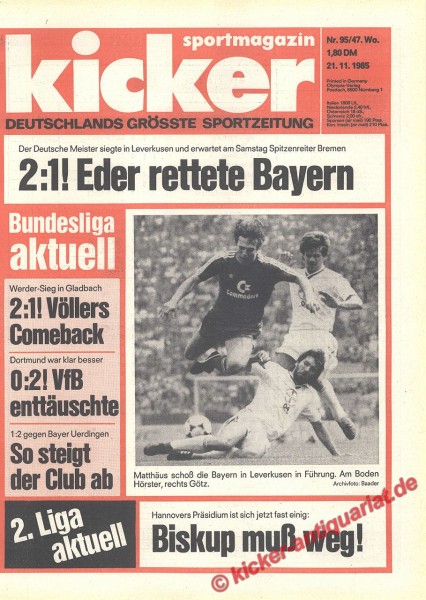 Kicker Sportmagazin Nr. 95, 21.11.1985 bis 27.11.1985