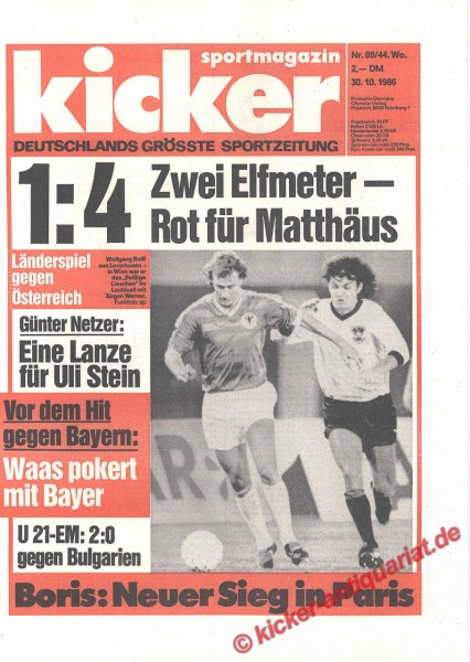 Kicker Sportmagazin Nr. 89, 30.10.1986 bis 5.11.1986
