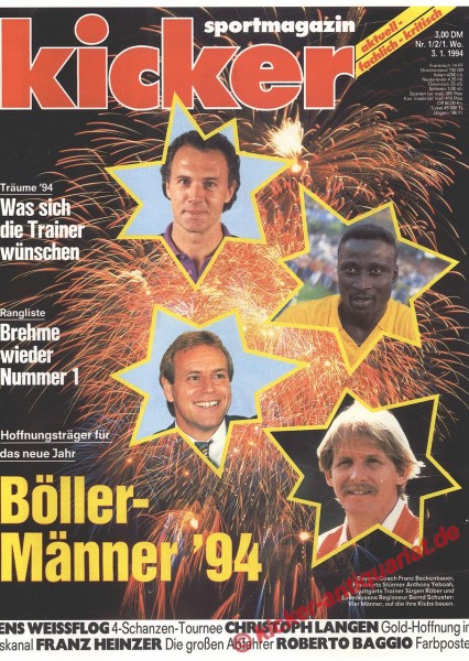 Hoffnungsträger für das neue Jahr: Böller Männer 1994. Bernd Schuster, Jürgen Römer, Franz Beckenbauer, Anthony Yeboah, 