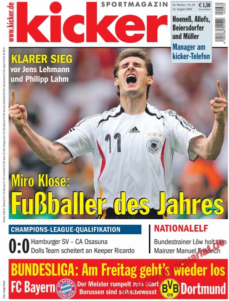 Miro Klose: Fussballer des Jahres 2006. Bundesliga: Am Freitag geht es wieder los!