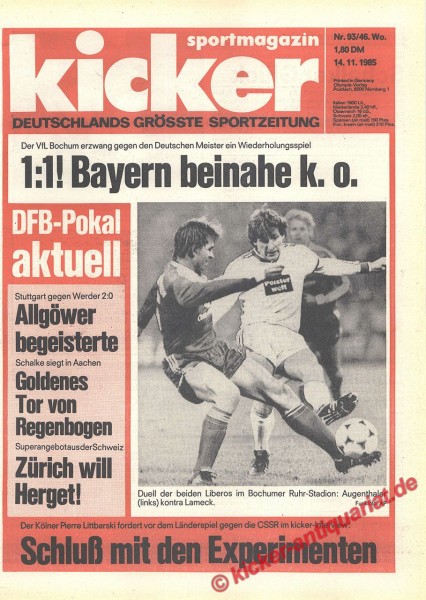 Kicker Sportmagazin Nr. 93, 14.11.1985 bis 20.11.1985