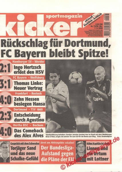 Kicker Sportmagazin Nr. 73, 7.9.2000 bis 13.9.2000