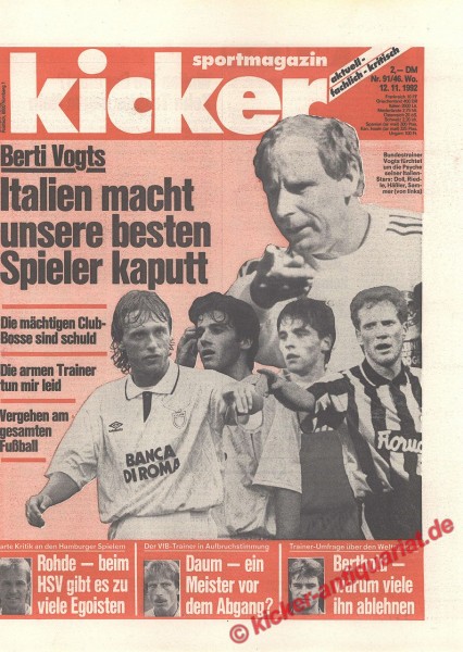 Kicker Sportmagazin Nr. 91, 12.11.1992 bis 18.11.1992