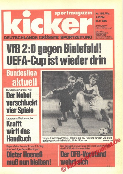 Kicker Sportmagazin Nr. 19, 28.2.1985 bis 6.3.1985