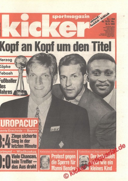 Kicker Sportmagazin Nr. 75, 16.9.1993 bis 22.9.1993