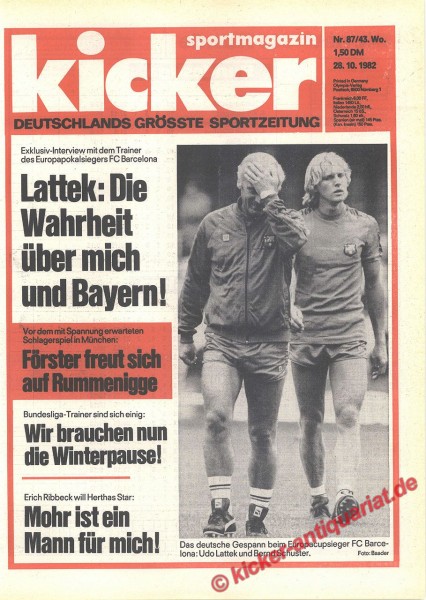 Kicker Sportmagazin Nr. 87, 28.10.1982 bis 3.11.1982