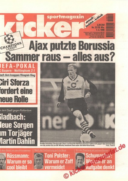 Kicker Sportmagazin Nr. 21, 7.3.1996 bis 13.3.1996