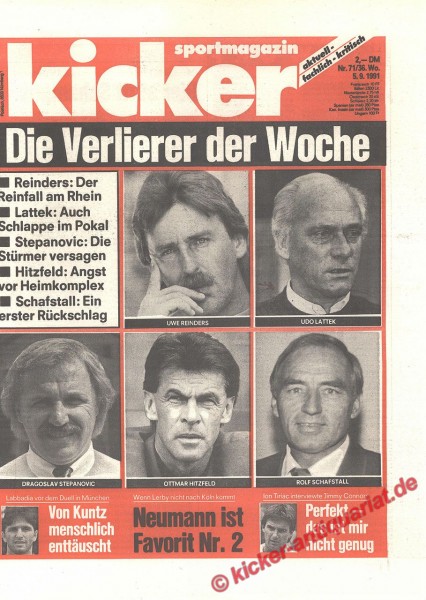 Kicker Schlagzeile: Die Verlierer der Woche. Kicker Titelbild: Uwe Reinders (Hansa Rostock), Udo Lattek (1. FC Köln), Dragoslav Stepanovic (Eintracht Frankfurt), Ottmar Hitzfeld (Borussia Dortmund) und Rolf Schafstall (Fortuna Düsseldorf)