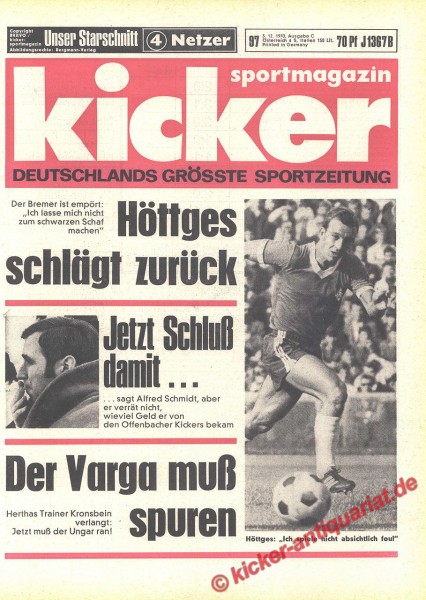 Kicker Sportmagazin Nr. 97, 3.12.1970 bis 9.12.1970