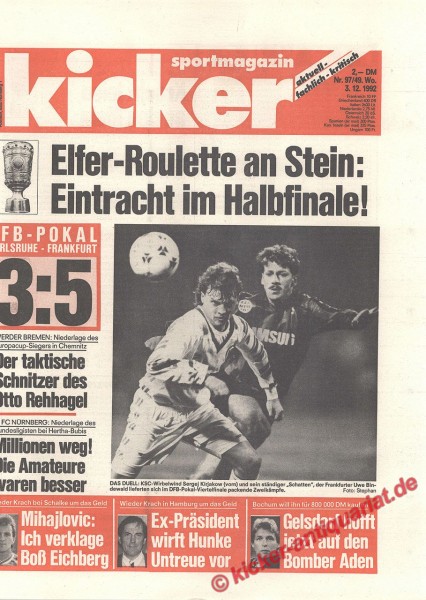 Kicker Sportmagazin Nr. 97, 3.12.1992 bis 9.12.1992
