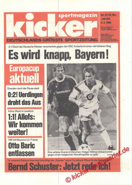 Kicker Sportmagazin Nr. 21, 6.3.1986 bis 12.3.1986