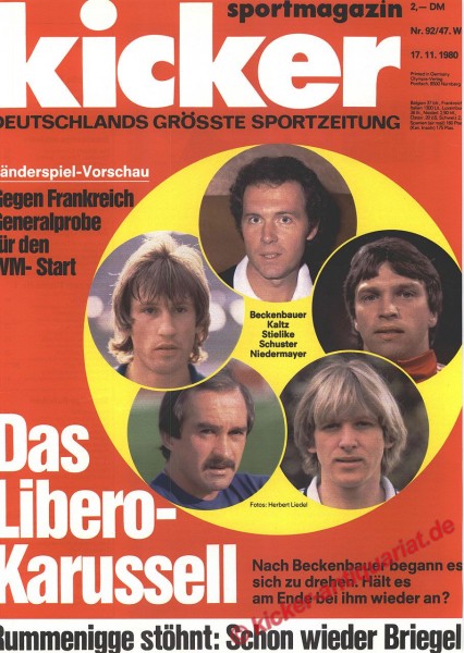 Kicker Sportmagazin Nr. 92, 17.11.1980 bis 23.11.1980