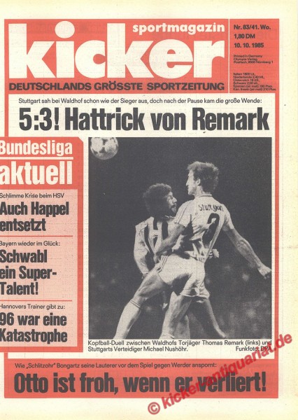 Kicker Sportmagazin Nr. 83, 10.10.1985 bis 16.10.1985