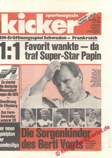 Kicker Sportmagazin Nr. 47, 11.6.1992 bis 17.6.1992