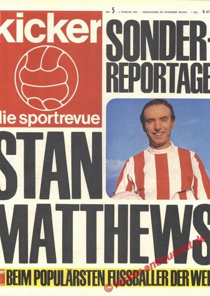 Historische Zeitung 1965! Kicker Sportrevue Nr. 5 mit einer Sonder-Reportage über Stan Matthews, den populärsten Fußballer der Welt. Perfekt als Geschenk und Zeitdokument.