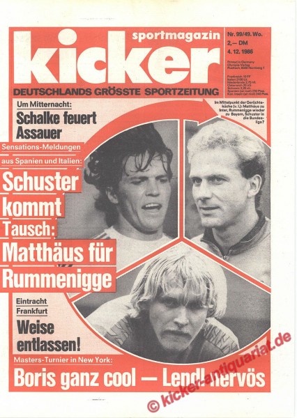 Kicker Sportmagazin Nr. 99, 4.12.1986 bis 10.12.1986