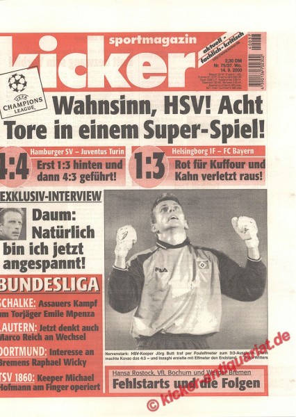Kicker Sportmagazin Nr. 75, 14.9.2000 bis 20.9.2000