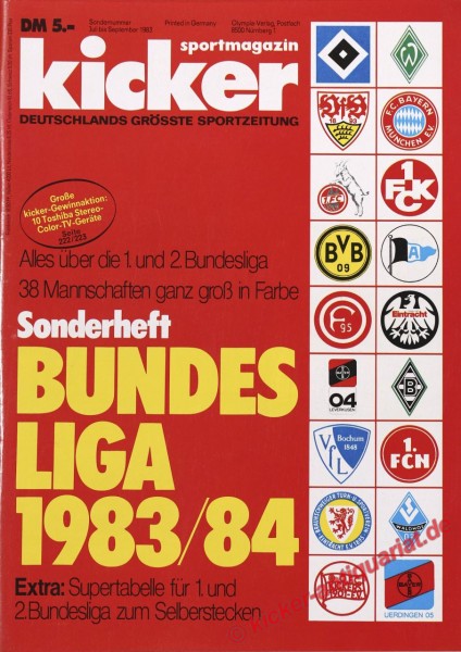 Original KICKER Sonderheft zur Bundesliga Saison 1983/1984. Mit allen Mannschaftsfotos, Neuzugängen, Kadern, Statistiken und der original kicker-Supertabelle zum Selberstecken. Deutscher Meister: VfB Stuttgart. Historisches Fußball-Zeitdokument der 80er J