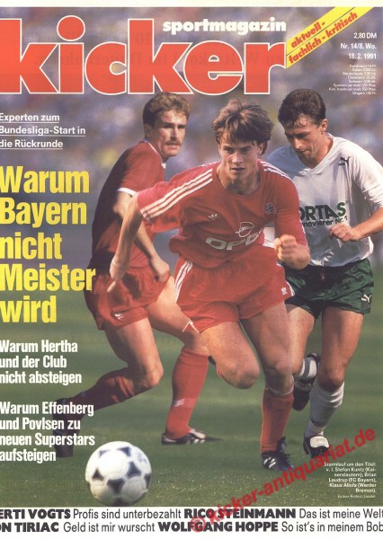 Kicker Titelbild: Stefan Kuntz (Kaiserslautern), Laudrup (Bayern), Klaus Allofs (Werder Bremen)