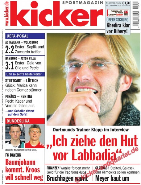 Kicker Sportmagazin Nr. 103, 18.12.2008 bis 24.12.2008