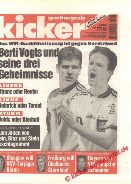 Kicker Sportmagazin Nr. 91, 7.11.1996 bis 13.11.1996
