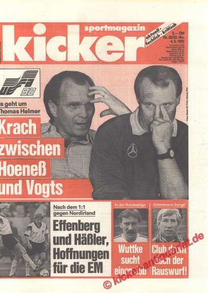 Kicker Sportmagazin Nr. 45, 4.6.1992 bis 10.6.1992