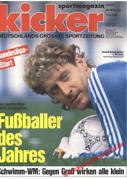 Kicker Sportmagazin Nr. 66, 11.8.1986 bis 17.8.1986