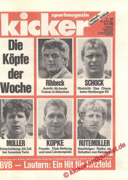 Kicker Sportmagazin Nr. 21, 12.3.1992 bis 18.3.1992