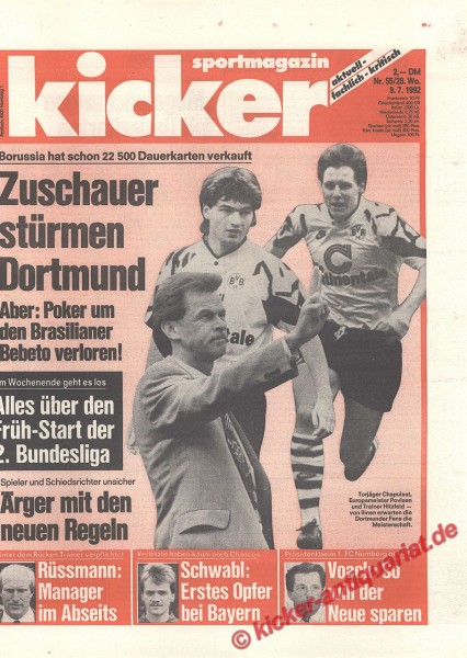 Kicker Sportmagazin Nr. 55, 9.7.1992 bis 15.7.1992
