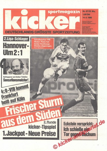 Kicker Sportmagazin Nr. 67, 14.8.1986 bis 20.8.1986