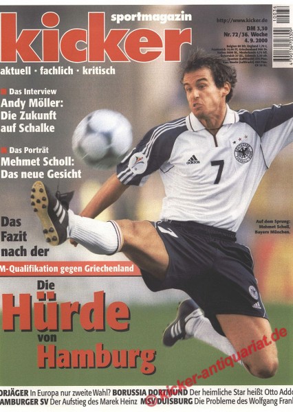 Kicker Sportmagazin Nr. 72, 4.9.2000 bis 10.9.2000