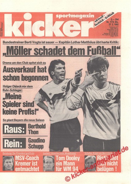 Kicker Sportmagazin Nr. 17, 27.2.1992 bis 4.3.1992