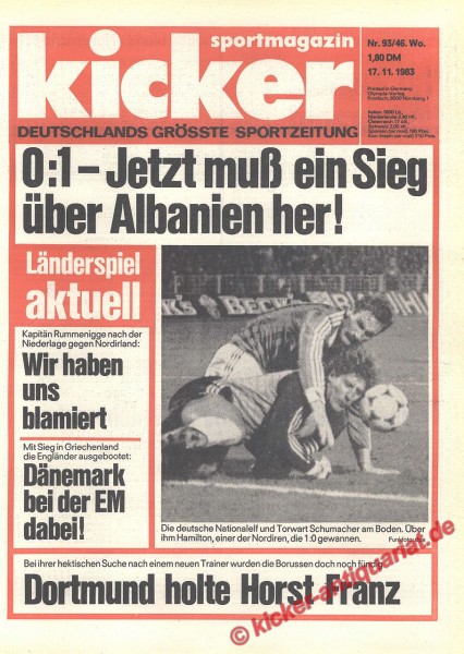 Kicker Sportmagazin Nr. 93, 17.11.1983 bis 23.11.1983