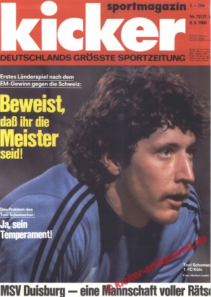Kicker Sportmagazin Nr. 72, 8.9.1980 bis 14.9.1980
