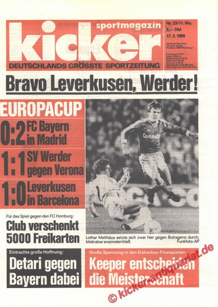 Kicker Sportmagazin Nr. 23, 17.3.1988 bis 23.3.1988