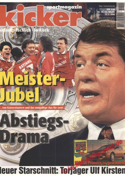 Meisterjubel in Kaiserslautern. Deutscher Meister 1998 1. FC Kaiserslautern mit Otto Rehhagel, Neuer Starschnitt: Ulf Kirsten