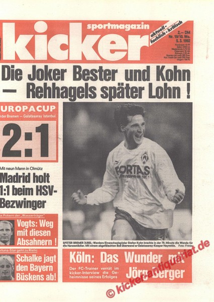 Kicker Sportmagazin Nr. 19, 5.3.1992 bis 11.3.1992