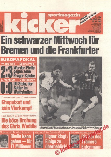 Kicker Sportmagazin Nr. 85, 22.10.1992 bis 28.10.1992