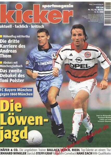 Kicker Sportmagazin Nr. 92, 9.11.1998 bis 15.11.1998