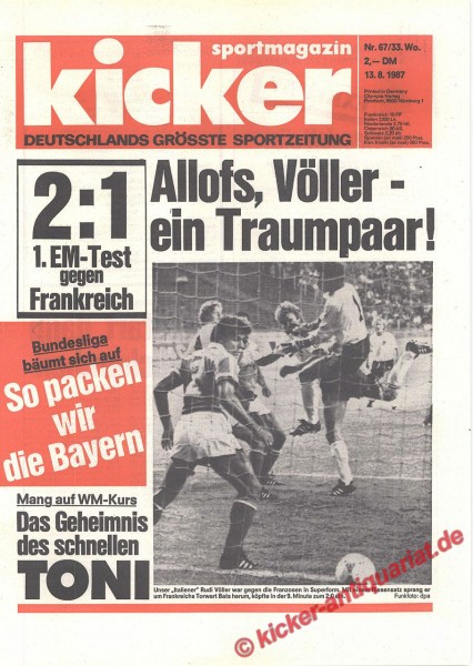 Kicker Sportmagazin Nr. 67, 13.8.1987 bis 19.8.1987