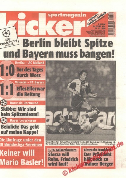 Kicker Sportmagazin Nr. 85, 21.10.1999 bis 27.10.1999