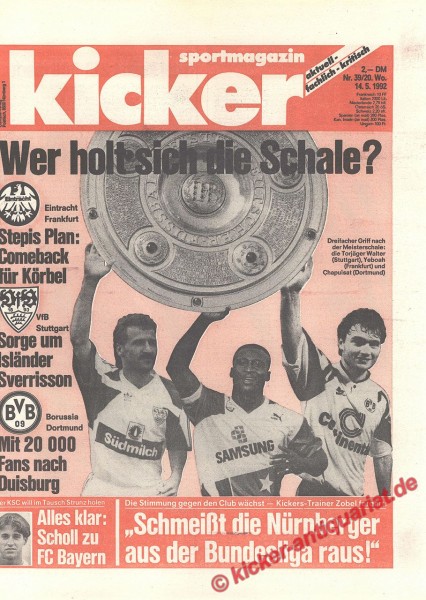 Kicker Sportmagazin Nr. 39, 14.5.1992 bis 20.5.1992